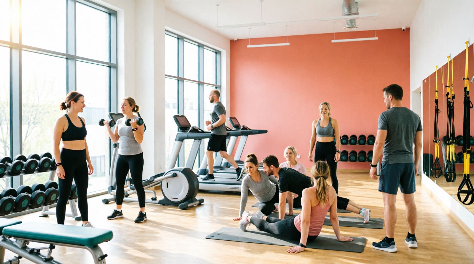 Modern fitness gym interior with diverse group exercising